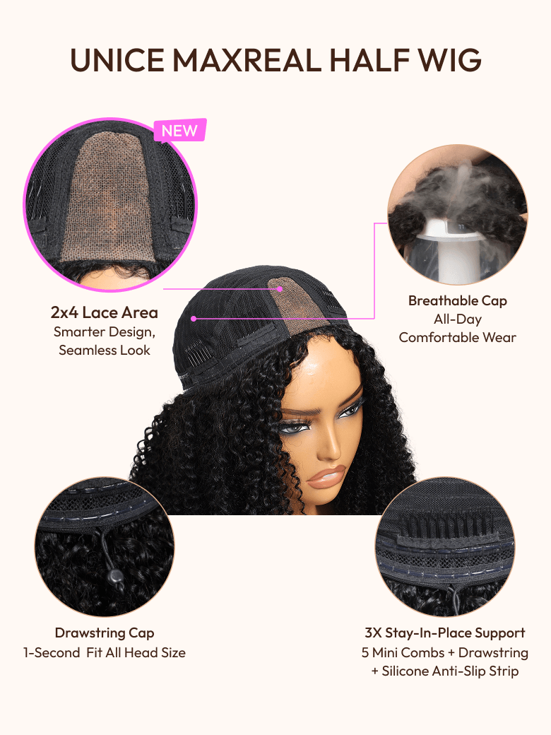 The UNice Limited Time UNice Maxreal Half Wig 2x4 Lace Part Black Kinky Curly Wig image highlights UNICEMAXREALHALFWIG, NEW, BreathableCap, 2x4LaceArea, the hair wigs.