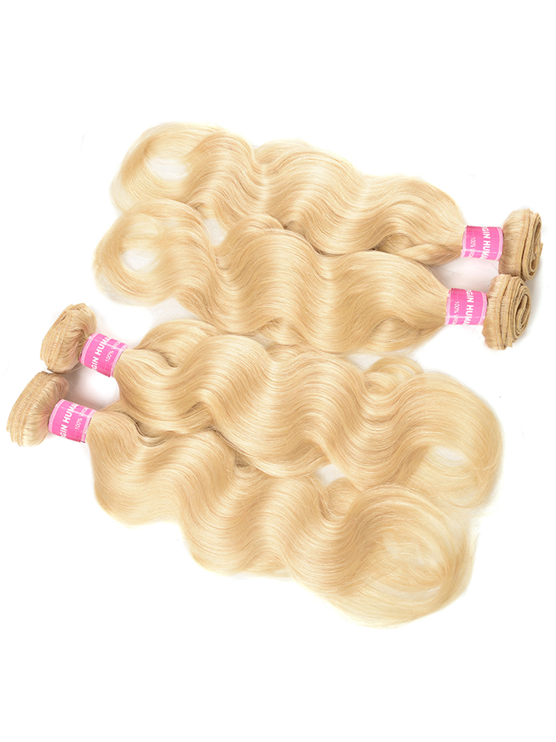 The UNice Hair 613 Blonde Virgin Human Hair Wave 4 Bundles Body Wave Hair Weft image highlights INHUN, GINHUN, blonde blonde hair extensions and body wave texture, 613.