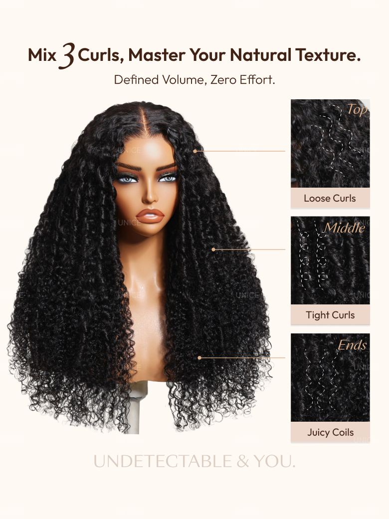 The UNice 7x5 Lace Bye Bye Knots Black Defined Coils 3C-4A Blend Curly Wig with Invisi image highlights Mix 3 Curls, Master Your Natural Texture, DefinedVolume.
