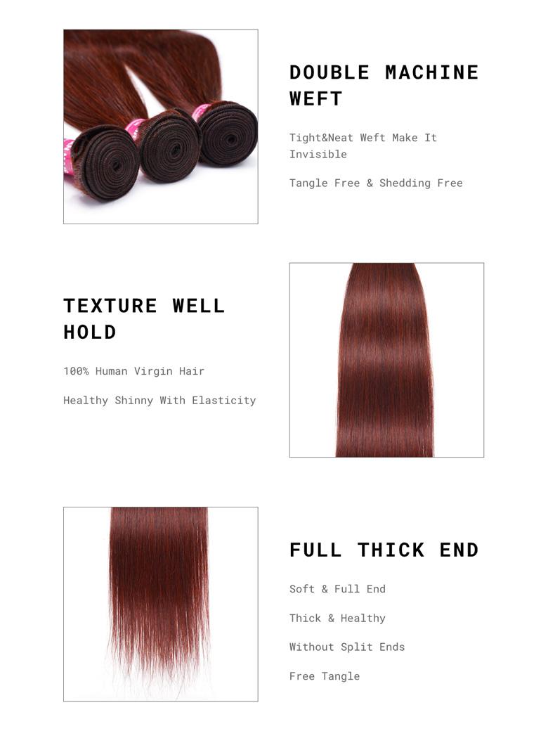The UNice Dark Auburn Straight Remy Human Hair 3 Bundles With Closure Deal image highlights DOUBLEMACHINE, WEFT, Tight&Neat Weft Make It, Invisible, the different types.