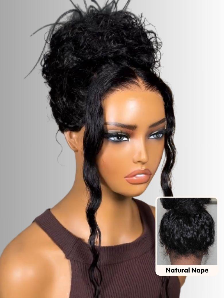 A model displays the UNice Invisible Strap 360 Lace Black Water Wave and Body Wave Wig, showing natural black curly wig and body wave texture, water wave texture, lace.