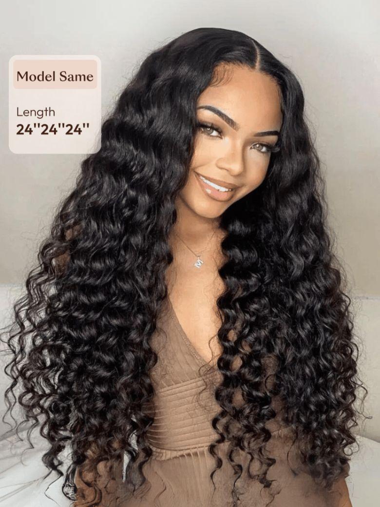 The UNice Deep Wave Malaysian Remy Hair 3 Bundles Deal Free Fast Shipping visual image position 3 shows a model with long curly hair wearing a wig | deep wave texture.