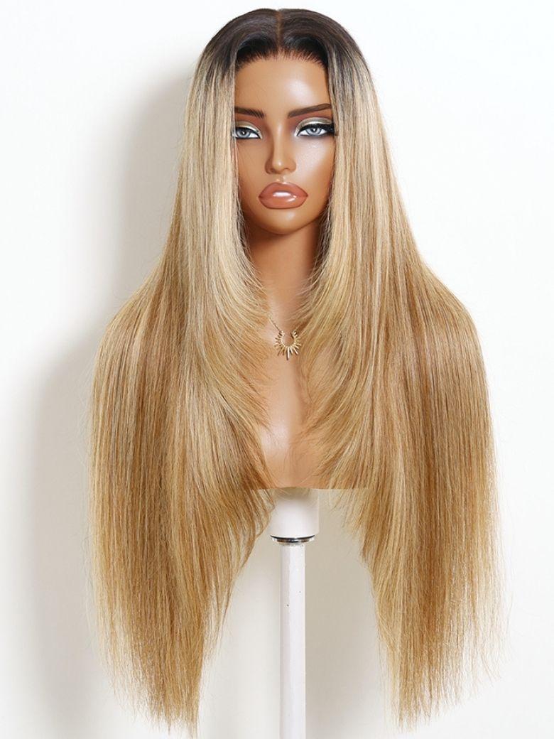 UNice Honey Blonde with Dark Roots Layered Straight Bye-Bye Slip™ 13x4 Lace Front Human Hair Wig Put-On-and-Go
