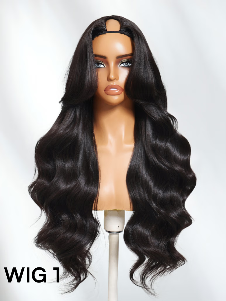 A model displays the UNice 22" Natural Lace Black Yaki V Part Wig Or 24" New V Part Kinky Curly Wig, showing a wig with long hair and a long body and yaki texture, kinky.