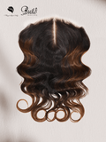 The UNice Black to Chestnut Brown Ombre Body Wave Replaceable Lace Closure For Magic visual image position 2 shows a model with long hair and a brown and black wig |.