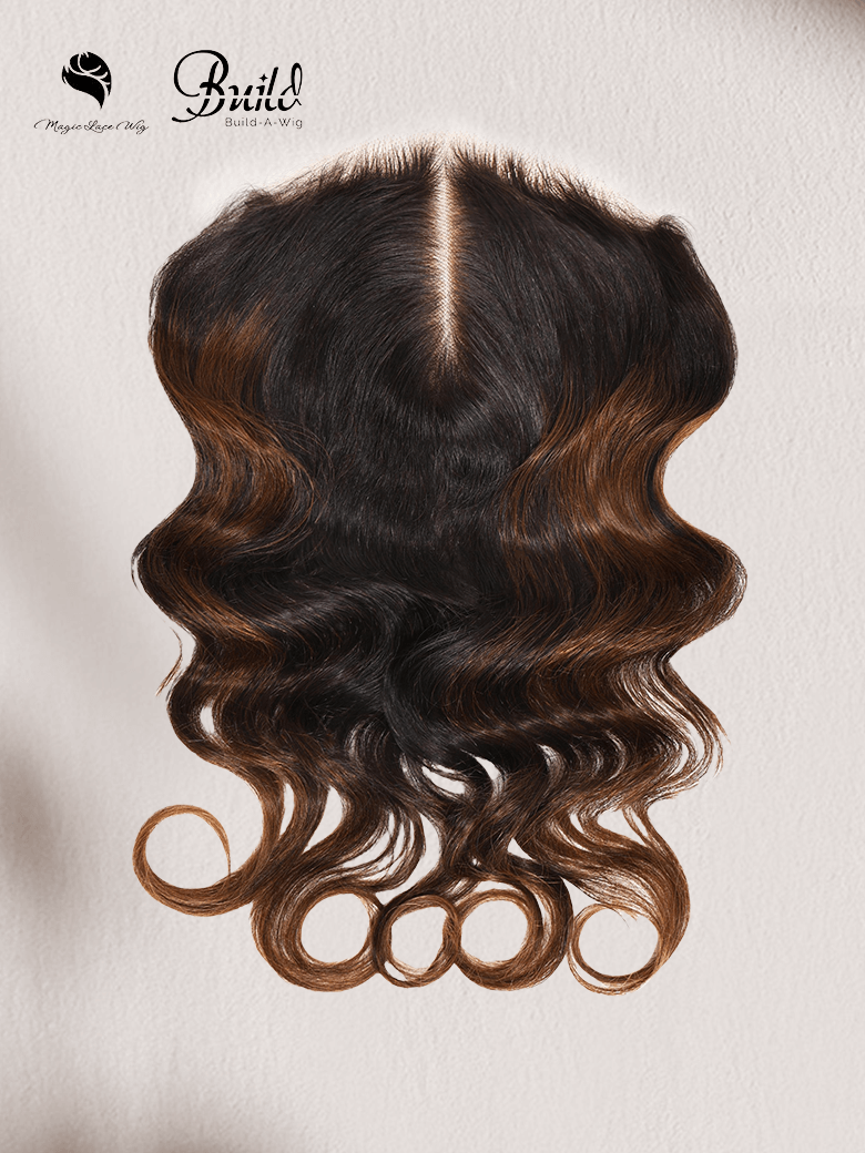 The UNice Black to Chestnut Brown Ombre Body Wave Replaceable Lace Closure For Magic visual image position 2 shows a model with long hair and a brown and black wig |.