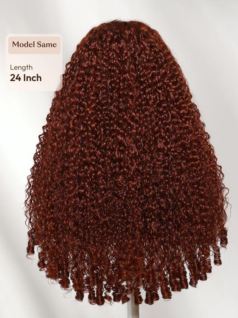 A model displays the UNice Bye Bye Slip 7x5 Lace Warm Brown with Beige Blonde Ribbon Highlights Layered wig, showing a model with a long, blonde haircut and highlight.
