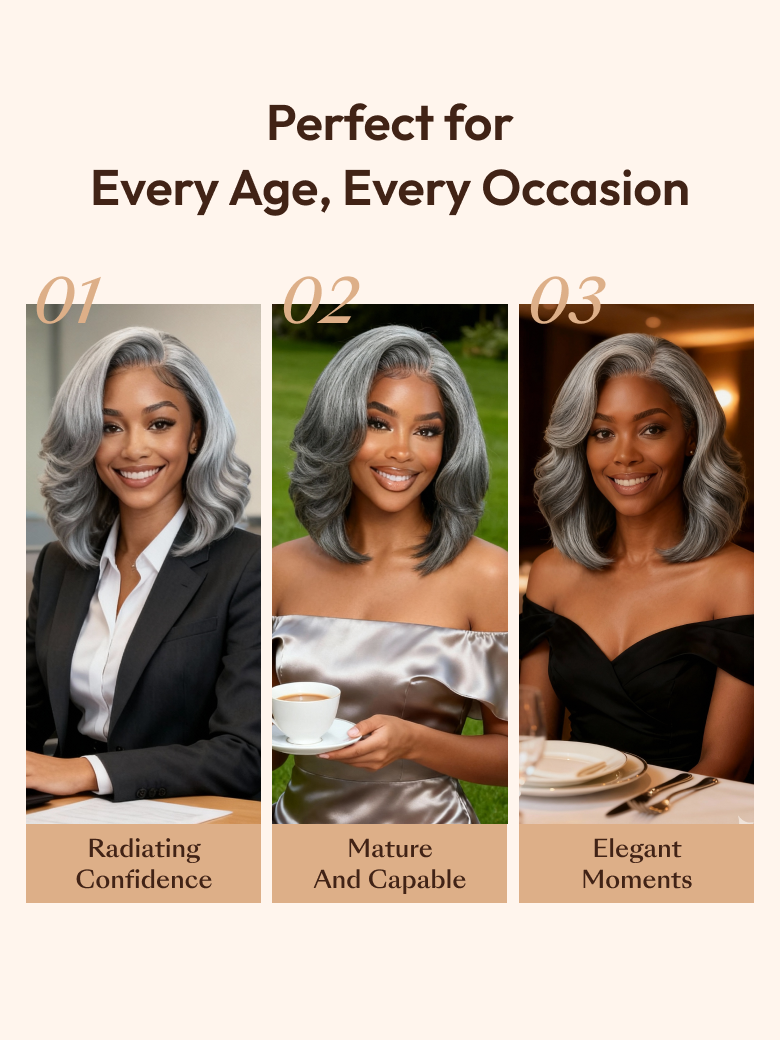The UNice Boss-Vibe Salt and Pepper Blowout Layered Bob Glueless Wig 6.5x1.5 Side Part image highlights Perfect for, Every Age, Every Occasion, Radiating, the perfect.