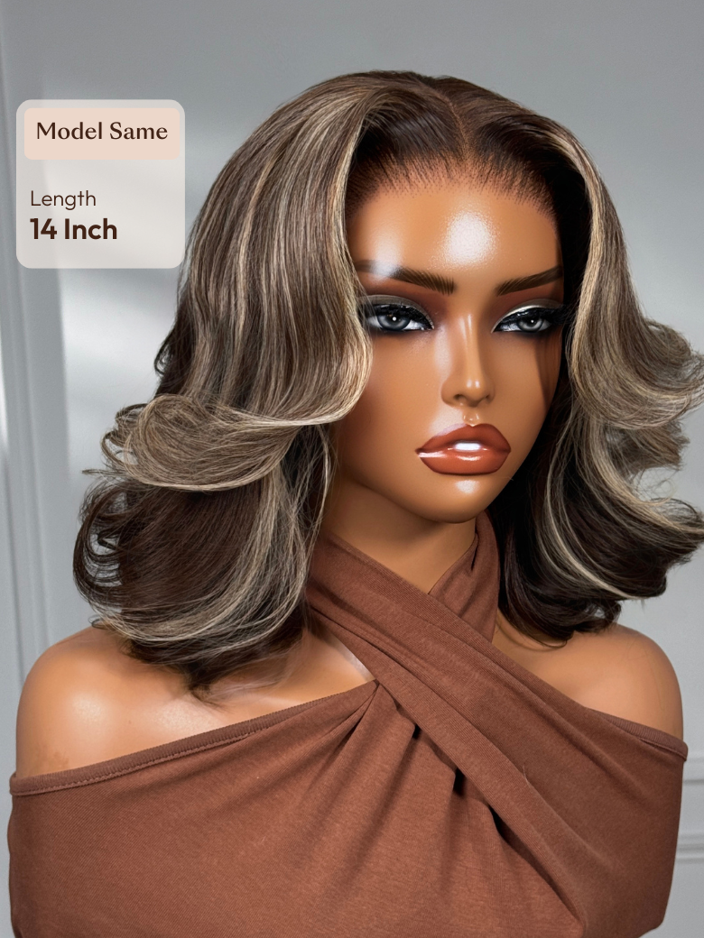 A model displays the UNice With Drawstring UNice 13x4 Pre-Everything Pre-Cut Lace Frontal Dark Brown with, showing a model with long brown hair and brown eyes.