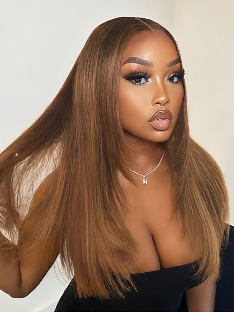 The UNice 13x4 Pre-Everything Caramel Blonde Layered Straight Wig visual image position 2 shows a model with long brown hair wearing a black dress | straight texture.