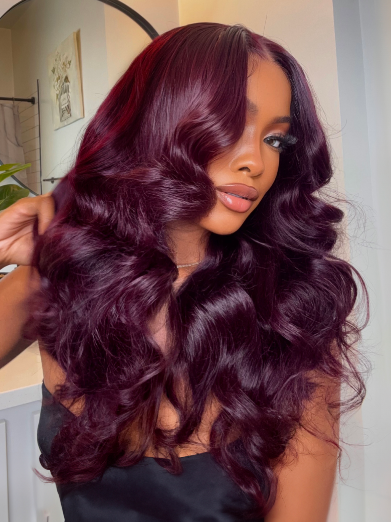 The UNice Purple Black Cherry Layered Straight Bye Bye Slip Drawstring Wig visual image position 3 shows a model with long dark purple hair | straight texture, black.