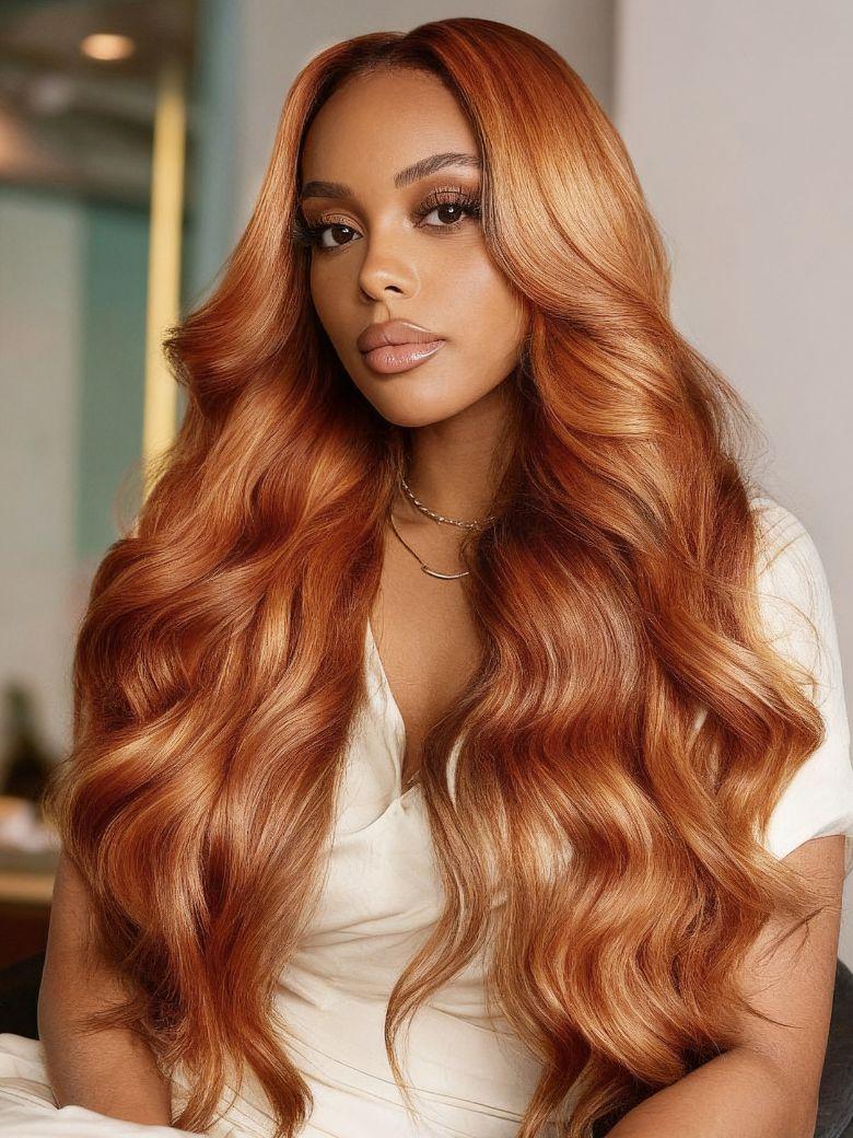 The UNice Limited Quantity Pumpkin Spice 13x4 Pre-Everything Lace Frontal Side Part visual image position 3 shows a model with long red hair and a white dress | loose.