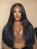 The UNice Pre-Everything Lace Frontal Black Feather Layer Cut Straight Glueless Invisi visual image position 2 shows a model with long black hair and a brown sweater |.