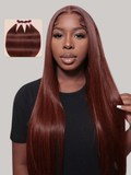 A model displays the UNice Vibrant Reddish Brown Silky Straight 4Pcs 100% Remy Human Hair Bundles Deal, showing a model with long red hair and a bow and straight.
