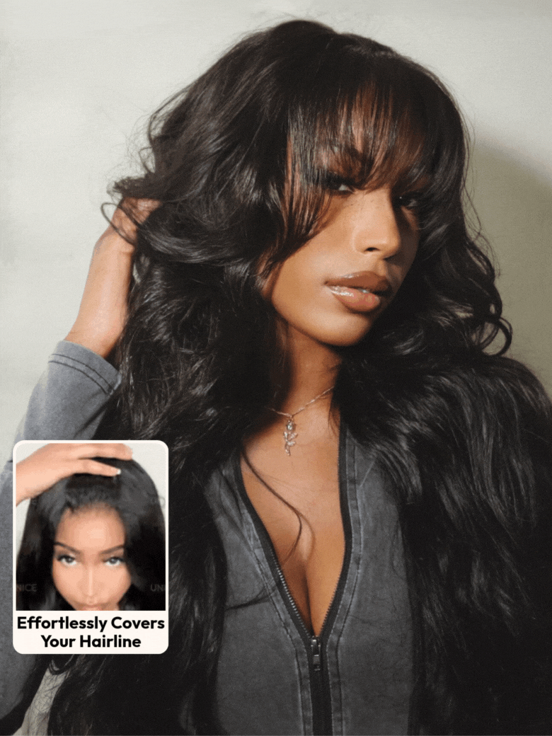 A model displays the UNice 13x4 Pre-Everything Lace Frontal Fluffy Layer Natural Loose Wave Wig With Air, showing a model with long hair and a black shirt and loose wave.