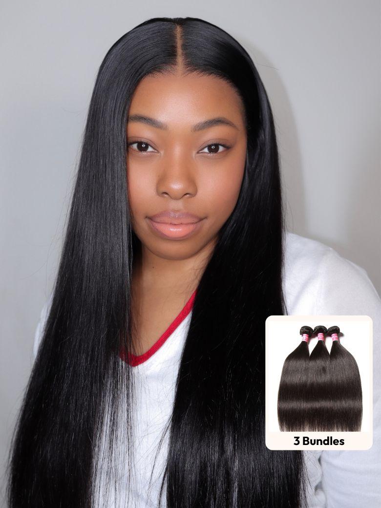 The UNice Premium Raw Virgin Hair Straight Bundles image highlights 3Bundles, brazilian straight hair bundles and straight texture, bundle fullness.