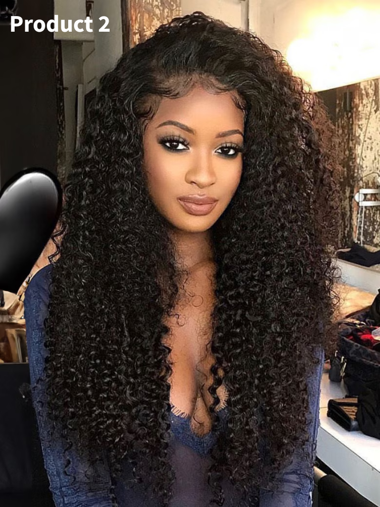 A model displays the UNice 3 Styles 20 Inch wig Starting At Just, showing a model with long curly hair and a blue dress.