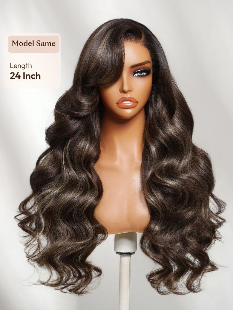 The UNice 7x5 Bye Bye Slip Lace Frontal Dark Chocolate Brown with Caramel Highlights image highlights Model Same, Length, 24Inch, a wig with long wavy hair and brown.