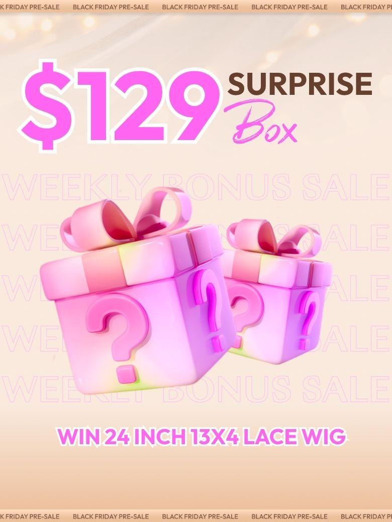 The UNICE $129 Surprise Box Win 13x4 Lace 200% Density Wig Value $299-$399 image highlights KFRIDAYPRE-SALE, BLACKFRIDAYPRE-SALE, BLACKFRIDAYP, SURPRISE, $ 29 surprise.