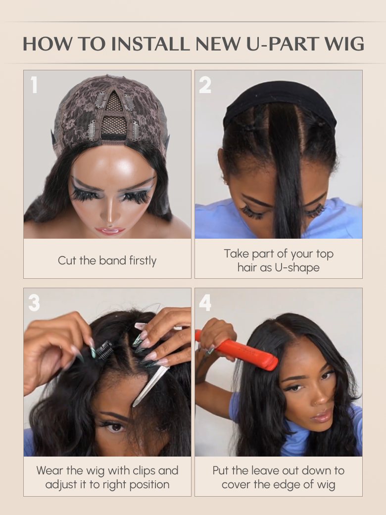 The UNice Beginner Friendly Body Wave No Lace No Gel No Leave Out New Put On And Go U wig image highlights HOWTOINSTALLNEWU-PARTWIG, Cut theband firstly.