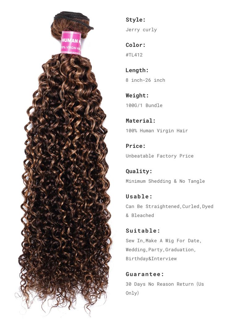 The UNice Curly Hair With Blonde Highlight Human Hair Weft One Bundle image highlights Style, Jerry curly, HUN, Color, a diagram of the curly hair styles and curly.