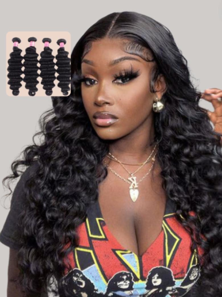 A model displays the UNice Hair 4pcs Loose Deep Wave Virgin Human Hair Weft, showing a woman wearing a wig and a wig with a wig and deep wave texture.