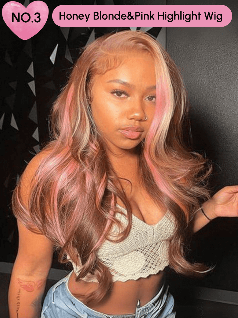 A model displays the UNice 24 Inch 200% Density 13x4 Pre-cut Lace Wig Last Chance Sale wig-1 Wig 1Stock, showing a model with pink hair and a white top and 13x4, lace.