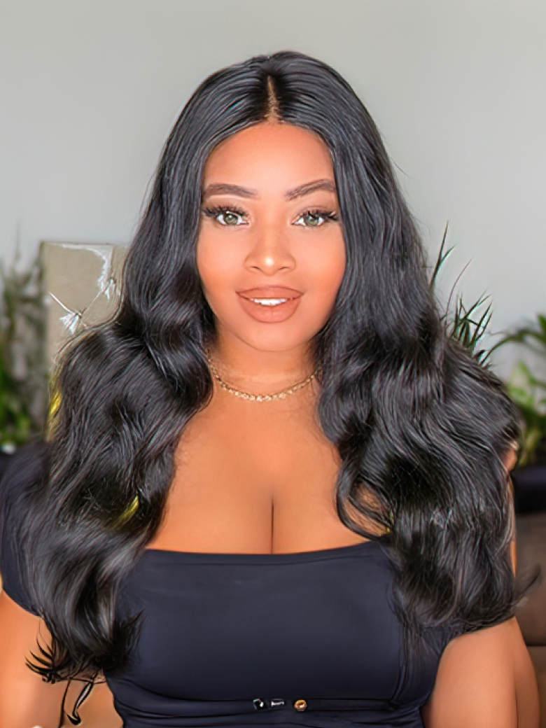 A model displays the UNice Hair 5x5 HD Lace Closure With 4 Bundles Body Wave Human Hair Weaves, showing a model with long black hair and a black dress and body wave.