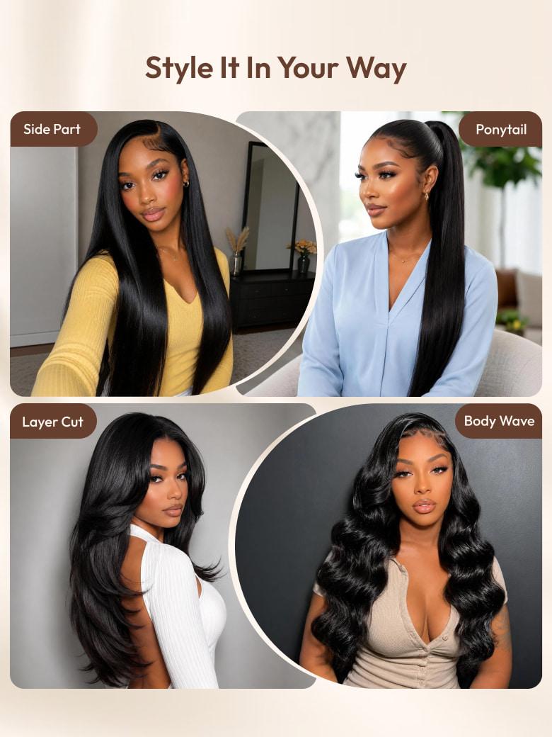 UNice 13x4 Bye Bye Slip™ Glueless Lace Black Straight Bleached Knots Drawstring Wig No Baby Hair 150% Density