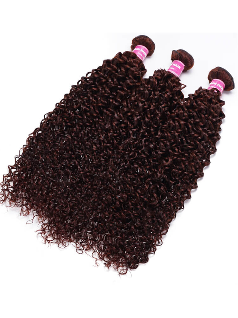 The UNice Mahogany Red Brown Jerry Curl 3Pcs 100% Remy Human Hair Bundles product image shows brazilian curly hair bundles and jerry curl texture, bundle fullness.