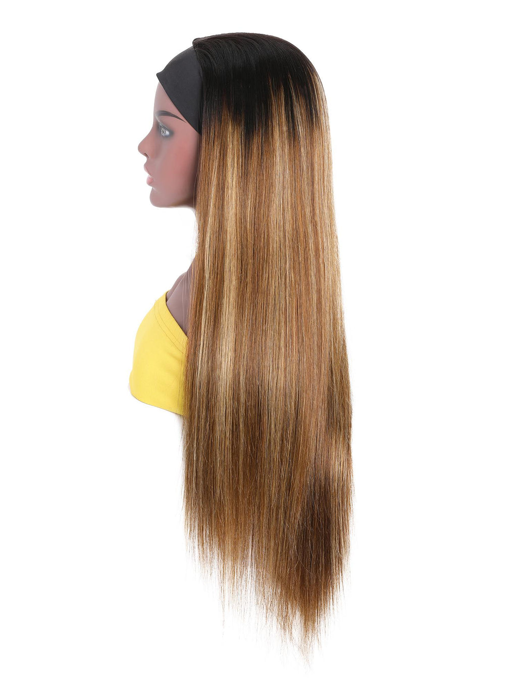 The UNice Ombre Dark Roots Honey Blonde Human Hair Wig 150% Density Headband Straight product image shows a wig with long hair on a mann and straight texture, honey.