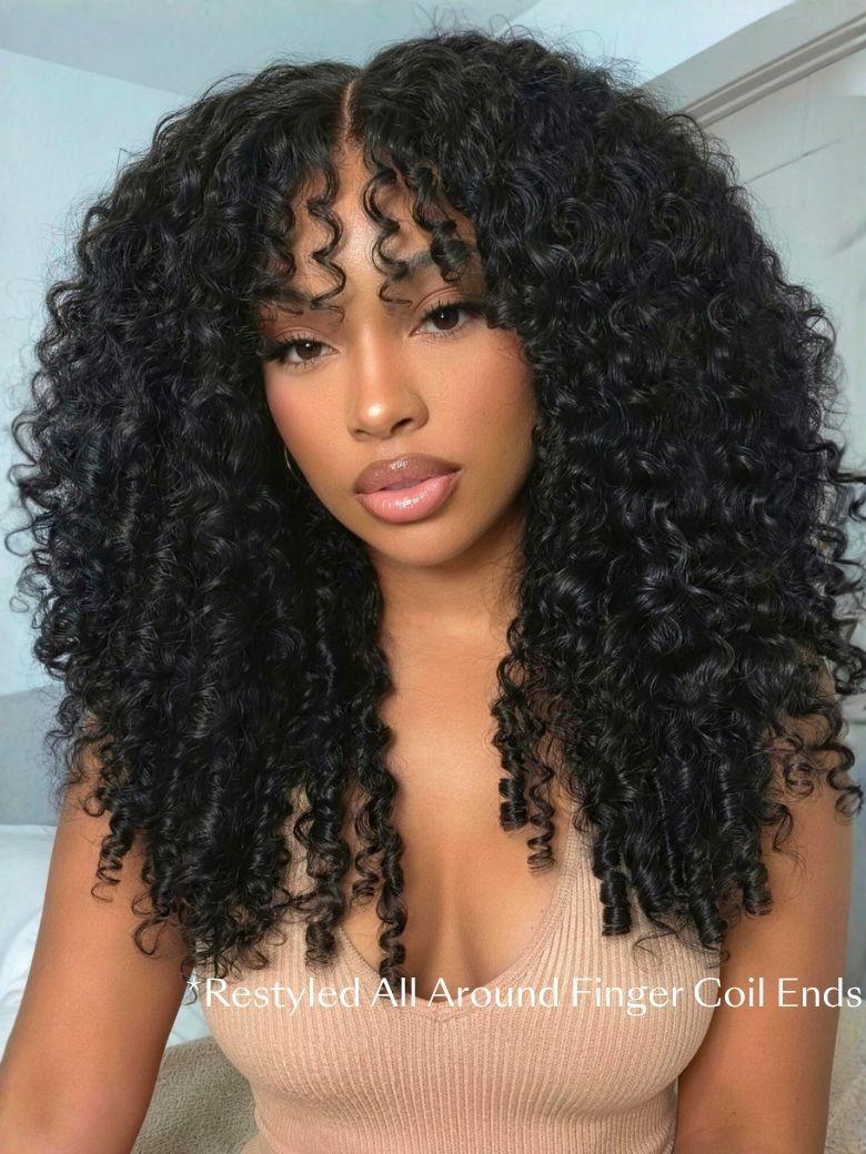 A model displays the UNice 7x5 Bye Bye Slip & 13x4 Pre-Everything Curly Texture Premium Hair Drawstring wig, showing a model with long curly hair wearing a brown top.