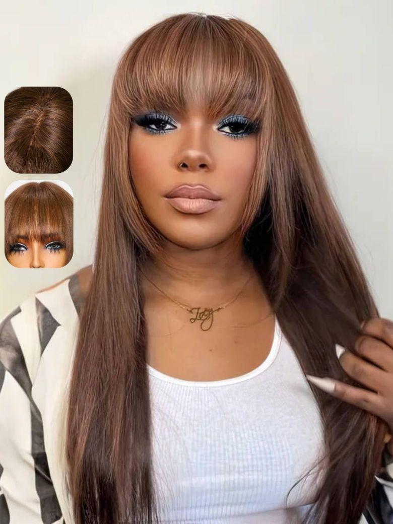 UNice 2x4 Lace Closure Yaki Straight Bob Wig with Chinese Bangs 150% Density