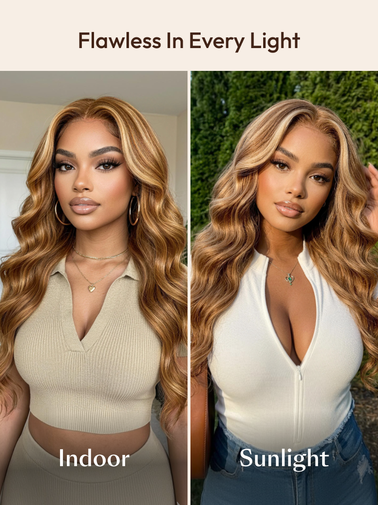 A model displays the UNice 7x5 Bye Bye Slip Wig With Drawstring Pre-Cut Glueless Lace Honey Blonde Body, showing a model with blonde hair and a white top and body wave.