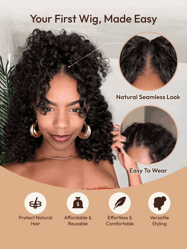 A model displays the UNice InvisiBlend V part Jerry Curly& Kinky Curly Wig Invisi Drawstring Human Hair, showing a model with curly hair and a mirror and kinky curly.