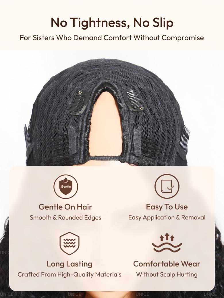 The UNice EasiContour V Part Brown Highlights with Dark Roots Jerry Curly Drawstring Wig image highlights No Tightness, No Slip, ForSistersWhoDemand.