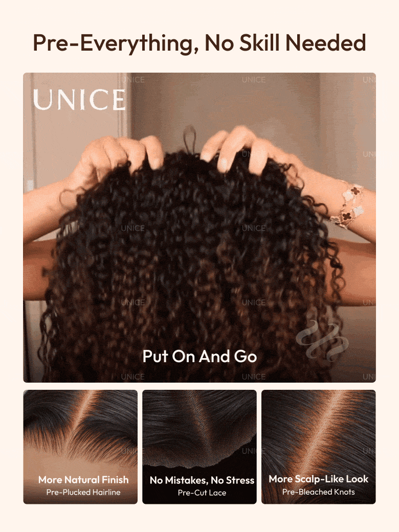 A model displays the UNice 7x5 Bye Bye Slip Glueless Lace Black to Chestnut Brown Ombre Burmese Curly wig, showing a model with curly hair is shown in the image.