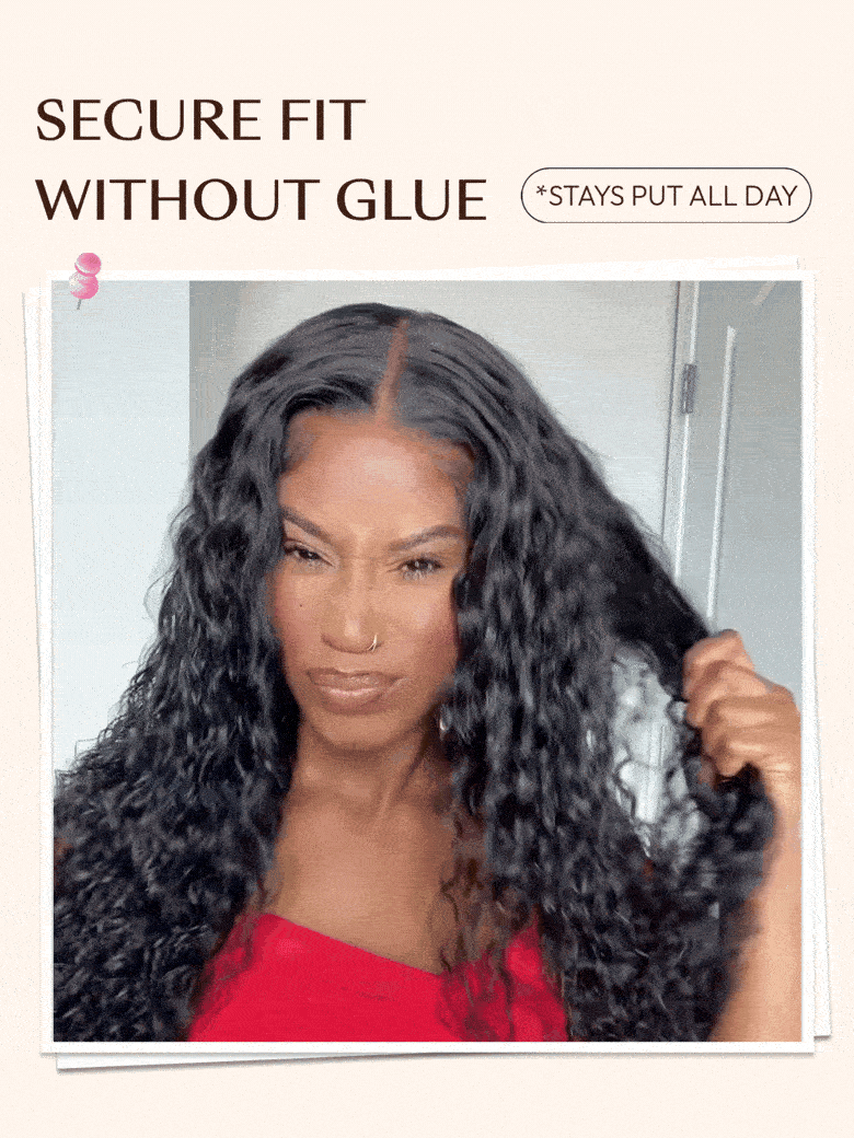 A model displays the UNice 7x5 Bye Bye Slip Glueless Water Wave Drawstring Wig With Baby Hair, showing a model with long black hair is shown in a mirror and water wave.