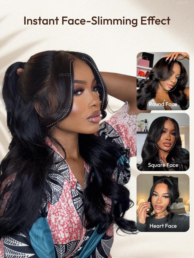 A model displays the UNice 20"-24" UNice 13x4 Pre-Everything HD Lace & Transparent Lace Front 3D Body wig, showing a model with long black hair and a pink shirt and body.