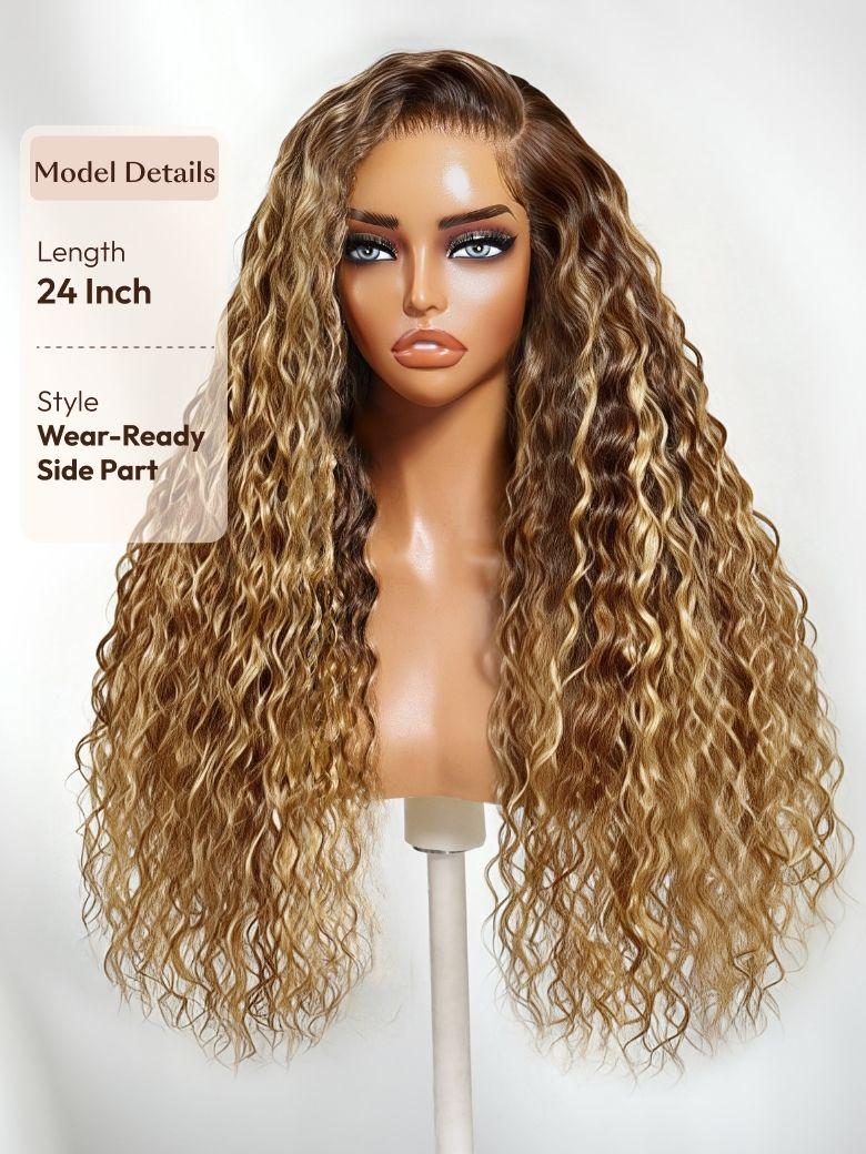 The UNice 13x4 Bye Bye Slip Lace Frontal Caramel Brown With Honey Blonde Highlights image highlights ModelDetails, Length, 24Inch, Style, a wig with long curly hair.