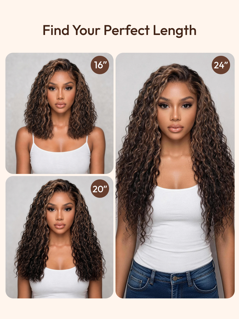 UNice 7x5 Bye-Bye Slip™ Lace 100% Human Hair Water Wave Wig with Golden Brown Highlights Glueless Summer-Ready