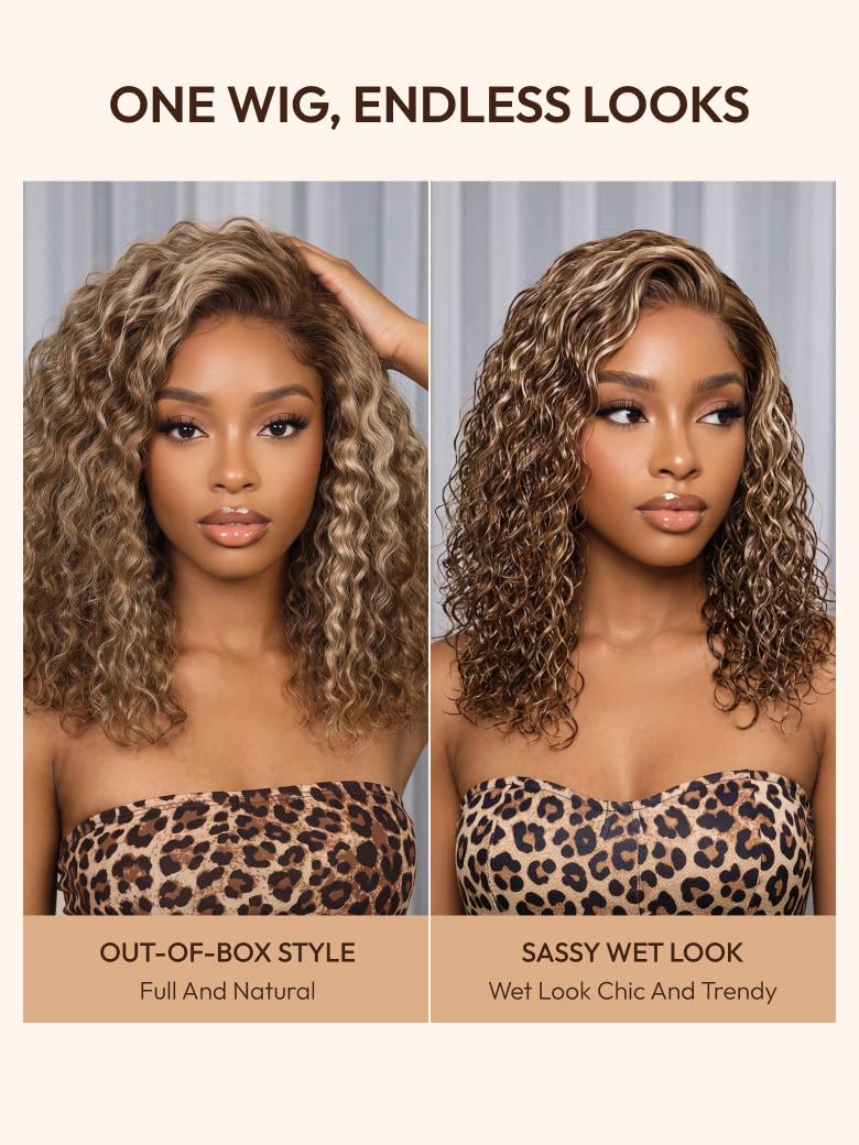 A model displays the UNice 7x5 Bye Bye Slip Glueless Invisible Drawstring Honey Blonde Highlights wig, showing one wigs for curly hair and curly texture, honey blonde.
