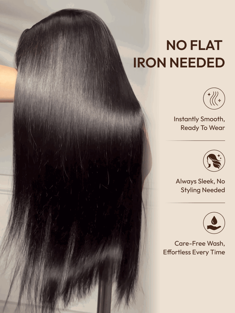 A model displays the UNice 13x4 Bye Bye Slip Glueless Lace Black Straight Bleached Knots Drawstring Wig, showing a model with long black hair and a black top with text.