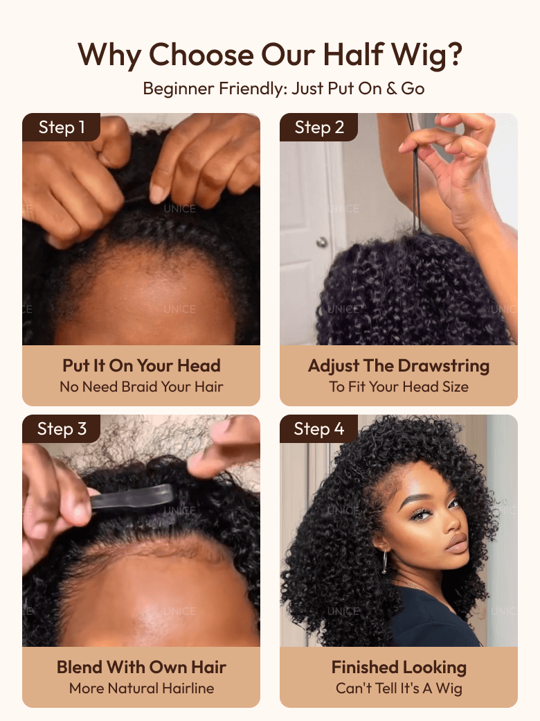 The UNice Maxreal Kinky Curly Glueless 2x4 Lace Part Black Half Wig image highlights Why Choose Our Half Wig?, BeginnerFriendly:JustPutOn&Go, Step1, Step2, how to use.