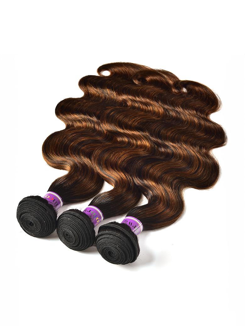 The UNice Brown Balayage 13x4 Lace Closure With 3Pcs Body Wave Bundles product image shows a pile of brown hair with two black wheels and body wave texture, 13x4, lace.