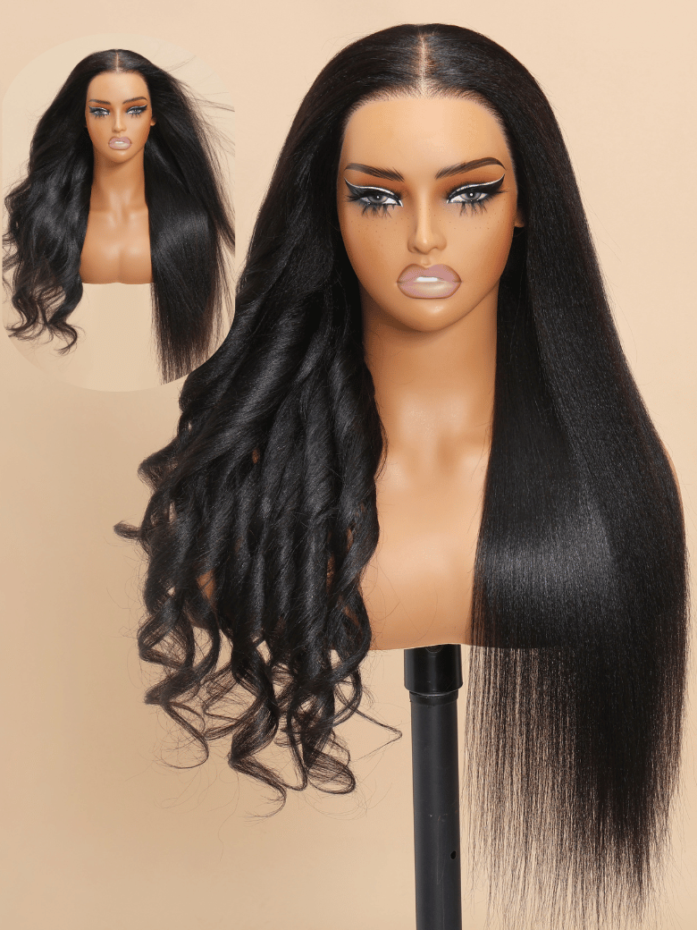 The UNice Ins Only 26" At 24" Price Black Yaki Straight 7x5 Bye Bye Knots Glueless Lace wig product image shows a wig with long hair on a mann and straight texture, yaki.
