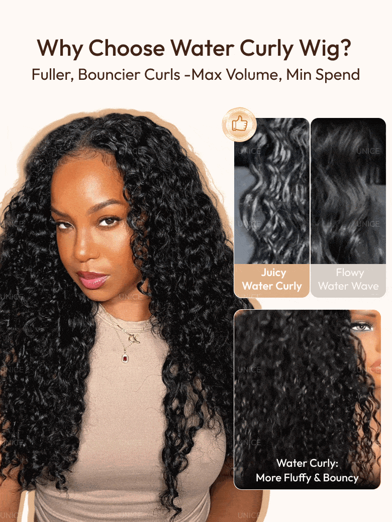 A model displays the UNice InvisiBlend V Part Bouncy Water Wave Curly Seamless Blending Wig With, showing a model with curly hair and a white background and water wave.