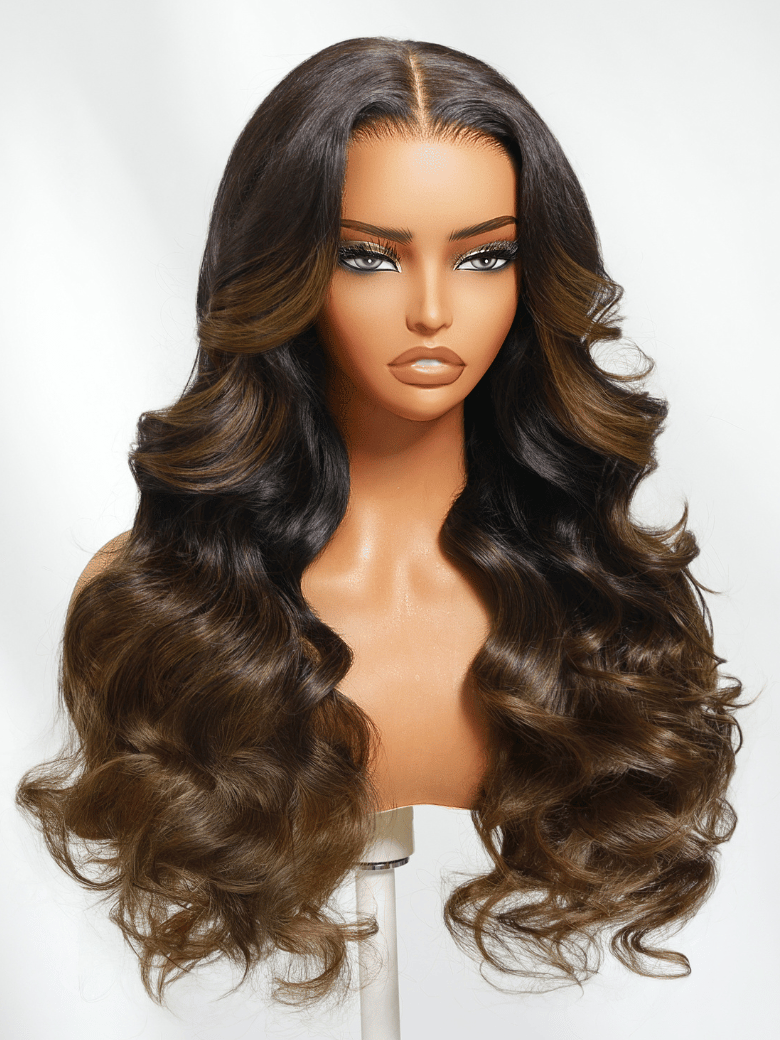The UNice 7x5 Bye Bye Knots Lace Black to Chestnut Brown Ombre Yaki Straight Wig Invisi visual image position 6 shows a wig with long hair on a mann | loose wave.