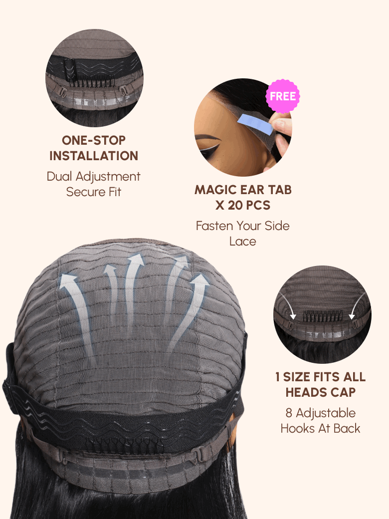 The UNice 13x4 Pre-Everything Lace Frontal Espresso Brown With Highlights Loose Wave image highlights FREE, ONE-STOP, INSTALLATION, Dual Adjustment, the hair extensions.