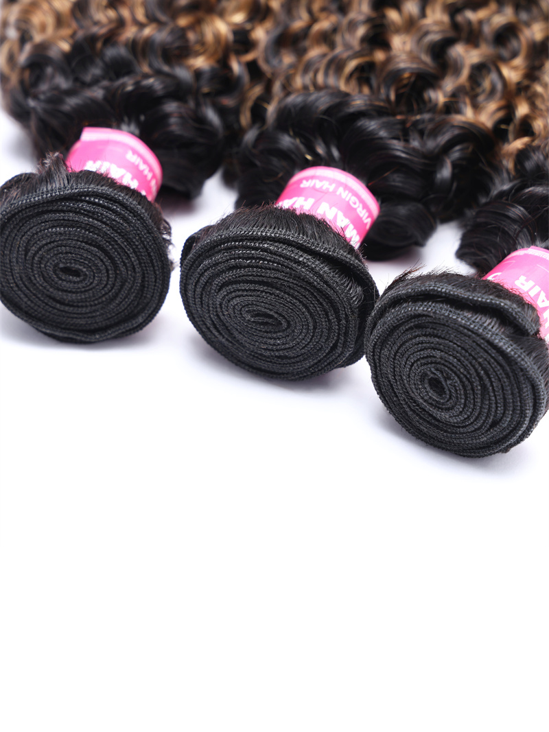 The UNice #FB30 Brown Balayage Highlight 3Pcs Jerry Curly Human Hair Bundles product image shows brazilian virgin hair bundles and jerry curl texture, curly texture.